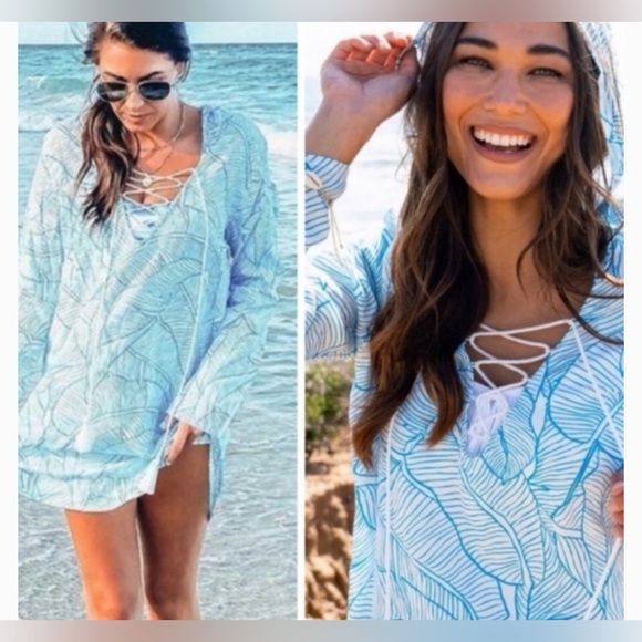 Charlie Holiday Blue and White Lace-Up Swim Coverup Size OS - Picture 1 of 8